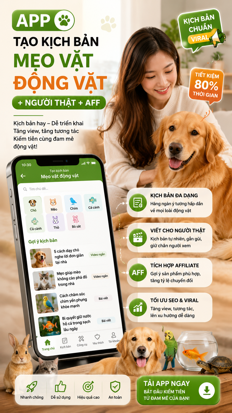 APP TẠO KỊCH BẢN MẸO VẶT ĐỘNG VẬT + NGƯỜI THẬT + AFF