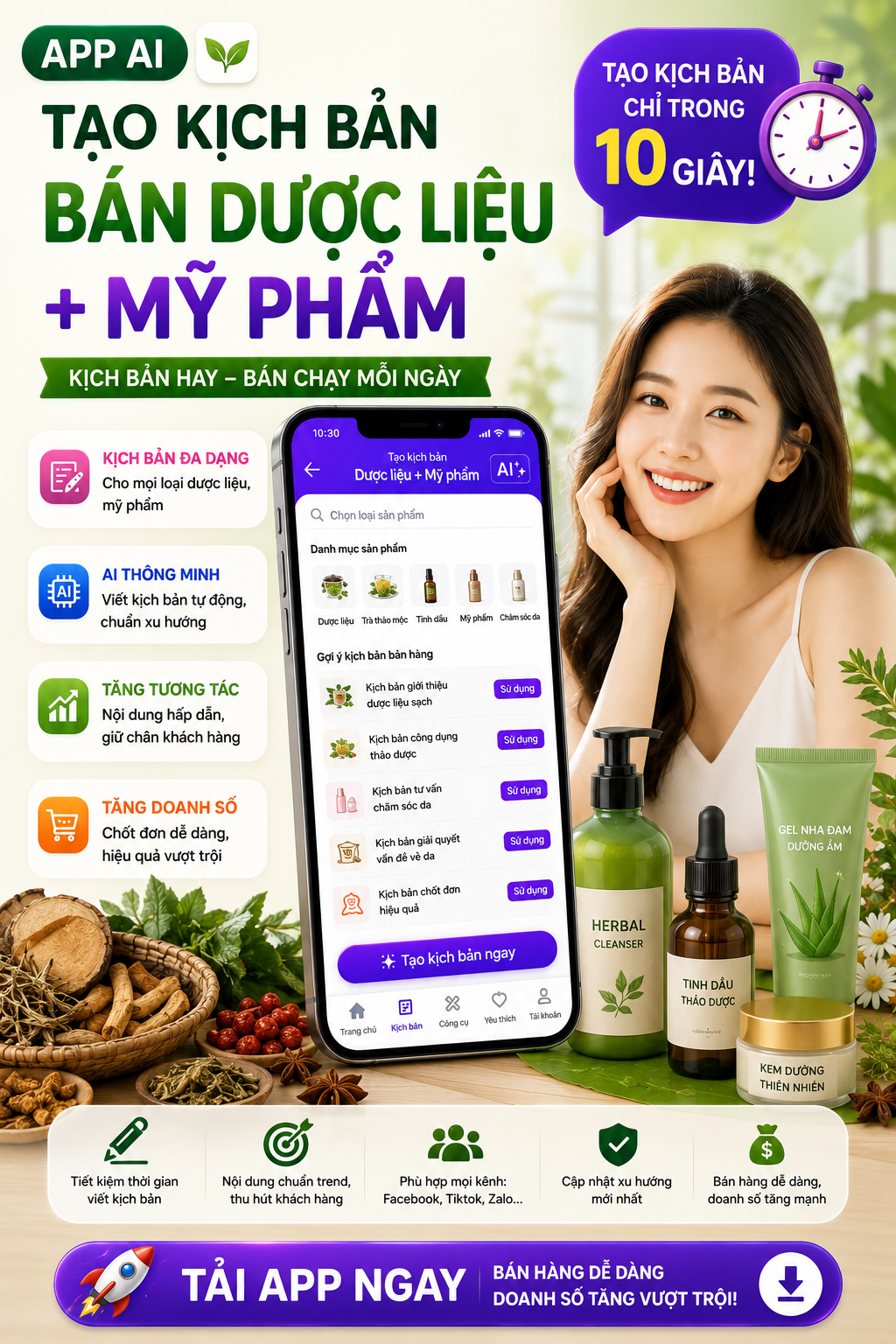 APP TẠO KỊCH BẢN BÁN DƯỢC LIỆU + MỸ PHẨM