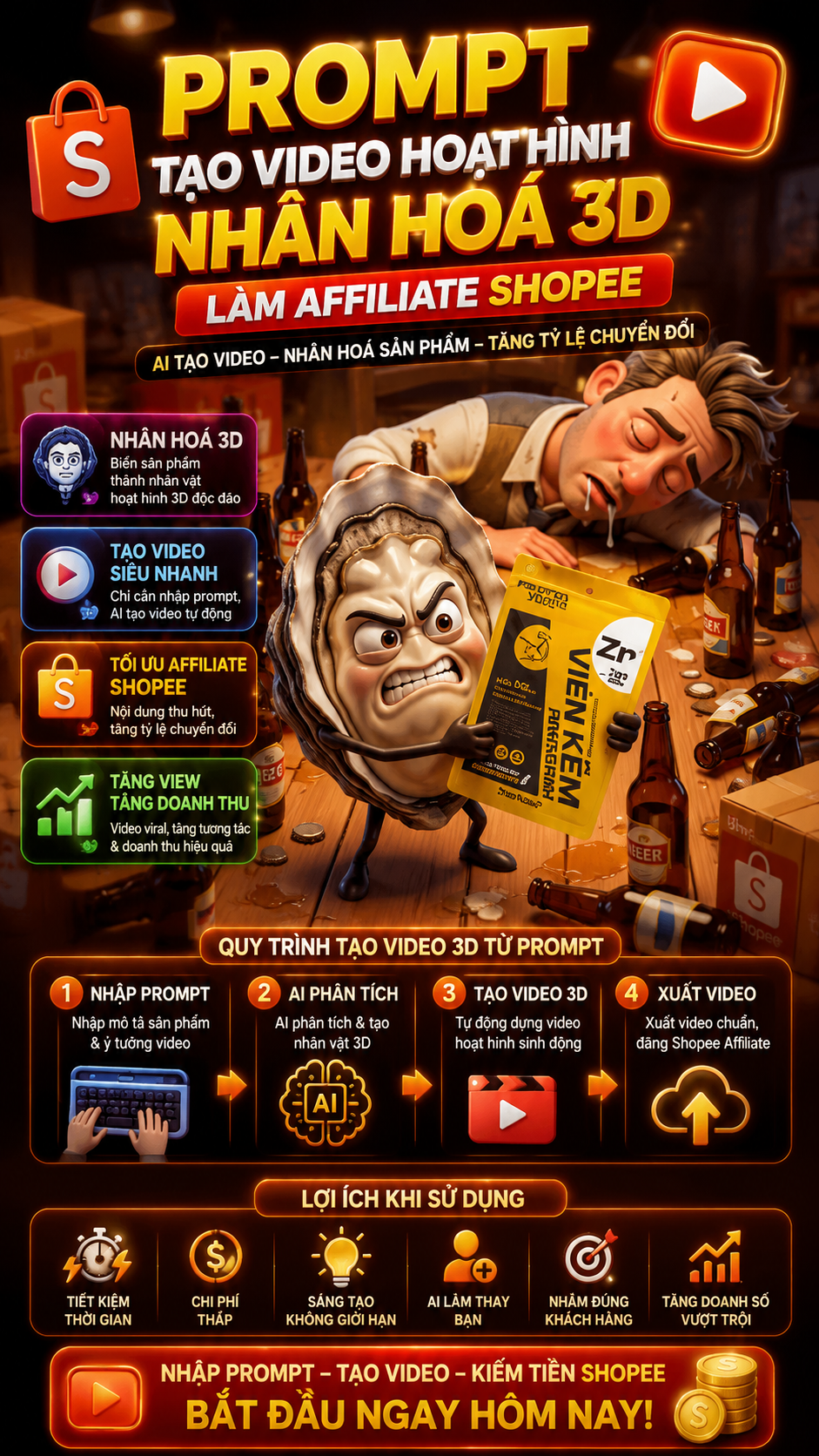 Prompt Tạo Video Hoạt Hình Nhân Hoá 3D Làm Affiliate Shopee