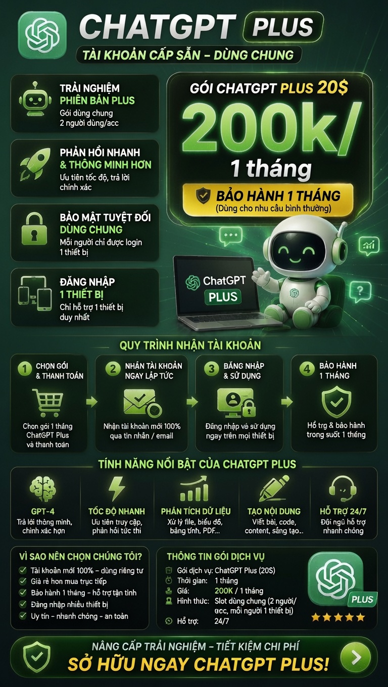 Chatgpt plus 1 tháng tài khoản cấp sẵn slot DÙNG CHUNG